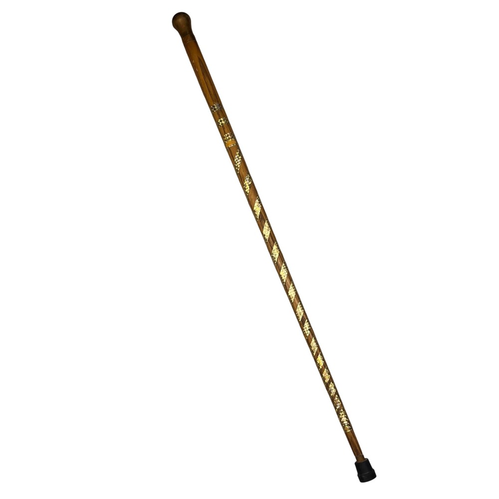 Vintage Wooden Walking Cane Brass Knob Handle Gold Spiral Wrap 36 Inch Stick